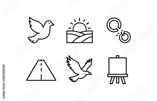 stroke icon mono icons style isolated freedom (symbols): dove open field unchained shackle open road soaring eagle blank canvas