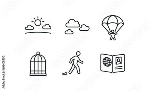 stroke icon mono icons style isolated freedom (journey): wide horizon open sky parachute jump empty ca barefoot wanderer open passport