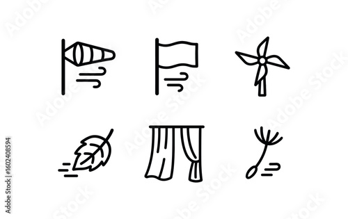 stroke icon mono icons style isolated wind (movement): wind sock fluttering flag spinning windmill falling autumn leaf draping curtain airborne dandelion seed