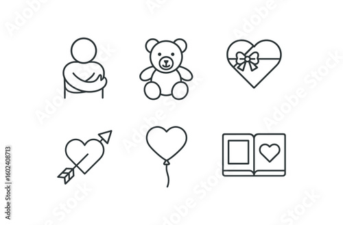 stroke icon mono icons style isolated love (affection): hug sture teddy bear chocolate bo cupid arrow heart balloon photo album