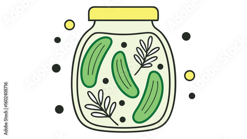 Green pickles in a glass jar with dill sprigs food