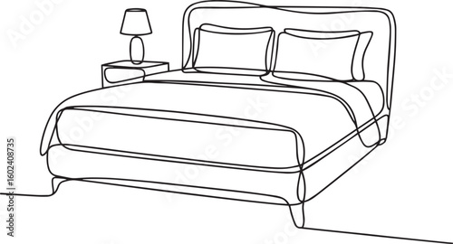 Continuous one line drawing of double bed with pillows in minimalist vector style for modern bedroom furniture illustration

