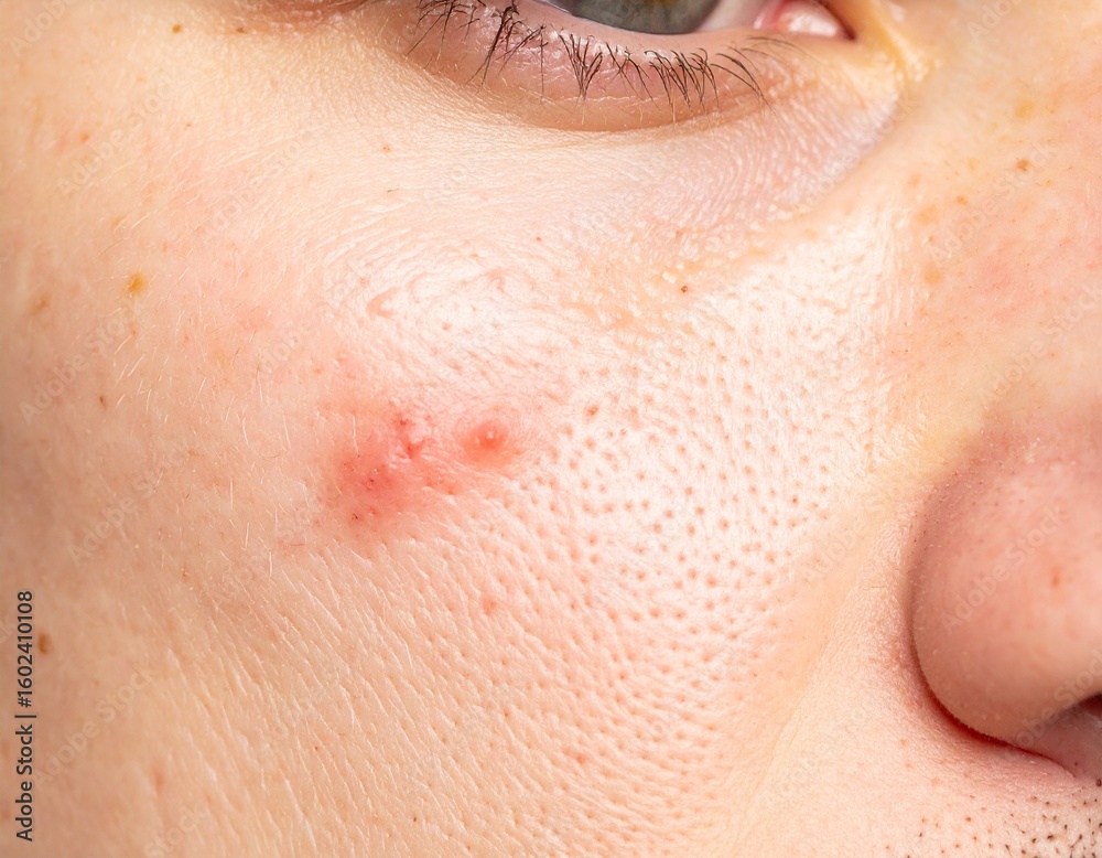 Fototapeta premium Close-up Macro Shot of Inflamed Acne on Fair Skin, Showing Texture and Redness