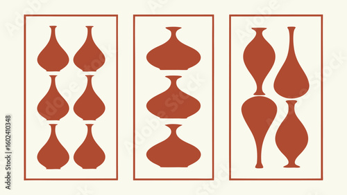Minimalist terracotta vases arranged in three panels