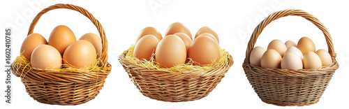 Wallpaper Mural Wicker basket filled with fresh brown eggs resting on straw, isolated on white transparent background. Concept of natural food, farming, and nutrition Torontodigital.ca