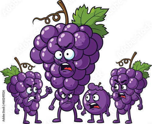 Angry Cartoon Grapes Arguing – Funny Fruit Group Illustration with Expressions