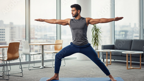 Man practicing yoga pose in modern office, warrior pose exercise stretching and balancing, fitness and wellness lifestyle indoors in corporate environment, workplace health concept