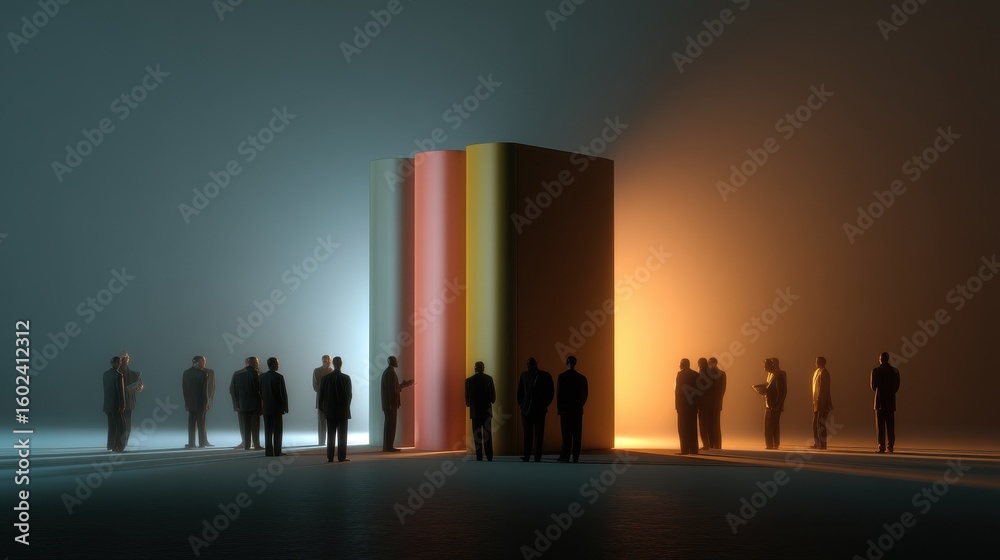 Fototapeta premium Mysterious silhouettes with giant books and atmospheric lighting