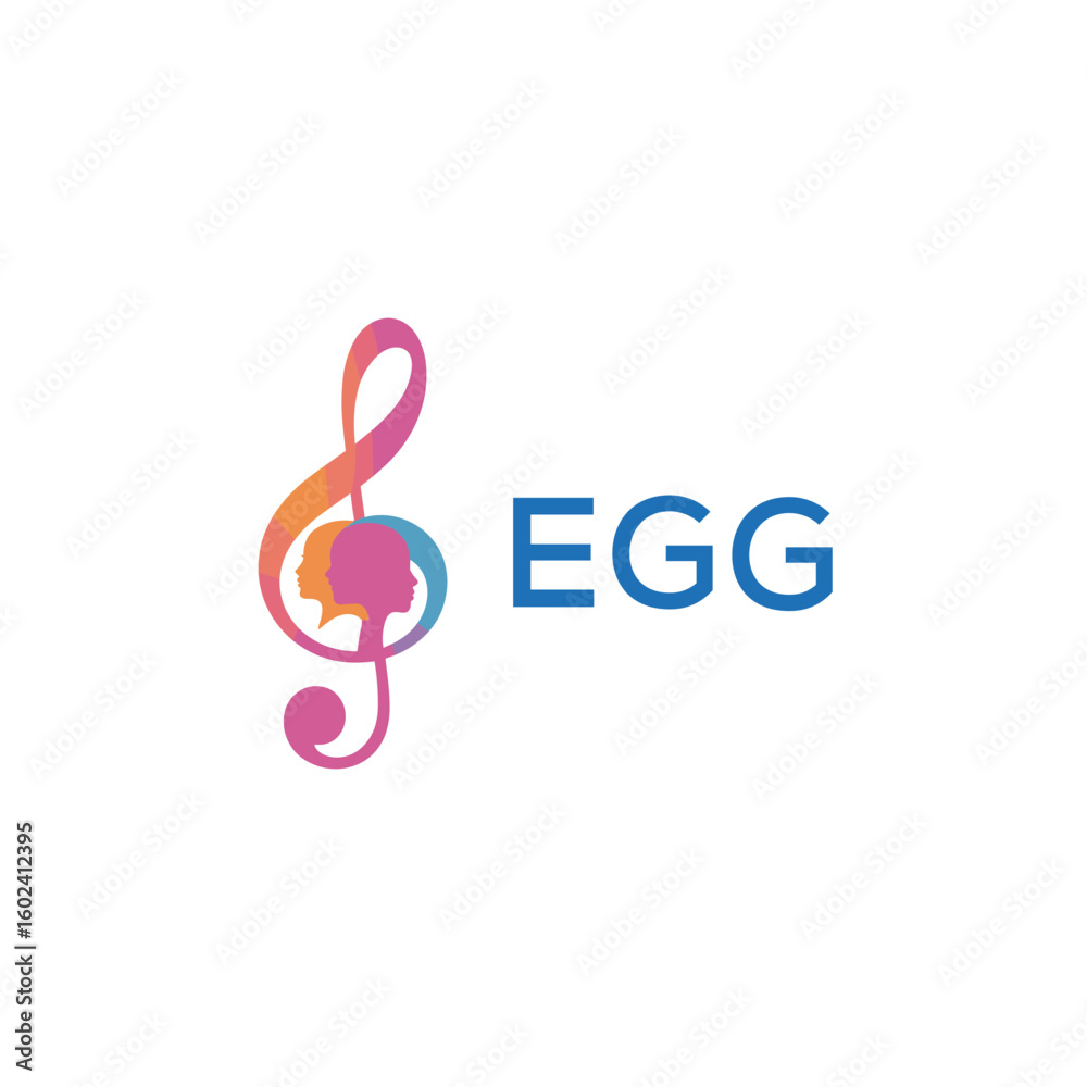 Fototapeta premium EGG “Creative music logo with human silhouettes and treble clef in gradient colors, EGG Later Logo, modern artistic design isolated on white background” 
