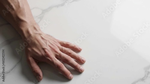 A pale veiny hand rests on a white marble surface