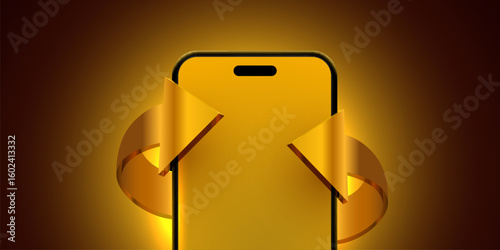 Smartphone with glass arrows on light glow background. Vector illustration