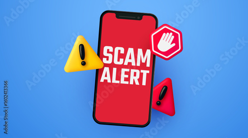Smartphone scam alert. Hand hold smartphone with fraud alert. Vector illustration
