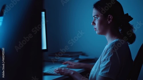 Woman working late at night