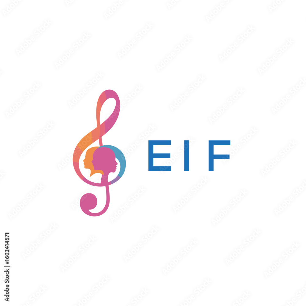 Fototapeta premium EIF “Creative music logo with human silhouettes and treble clef in gradient colors, EIF Later Logo, modern artistic design isolated on white background” 