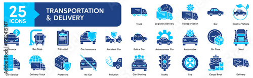 Transportation and Delivery Solid Icons Set - Logistics, Shipping, and Vehicle Concepts 