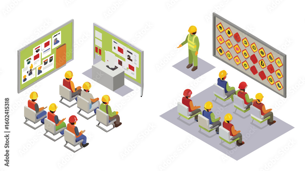 Fototapeta premium Isometric view of two safety training sessions with instructors and workers wearing hard hats present
