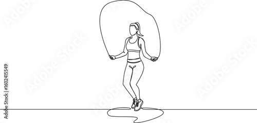continuous single line drawing of fit woman skipping rope, line art vector illustration