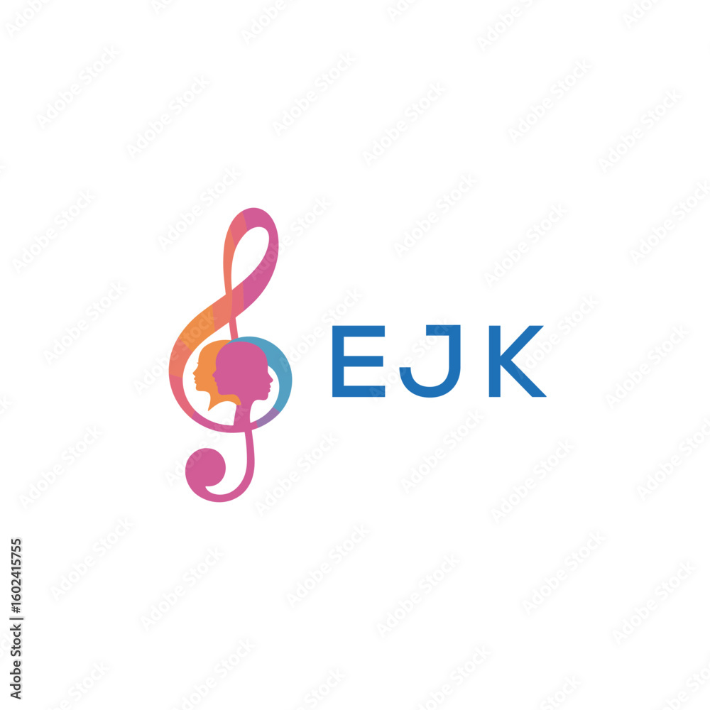 Naklejka premium EJK “Creative music logo with human silhouettes and treble clef in gradient colors, EJK Later Logo, modern artistic design isolated on white background”