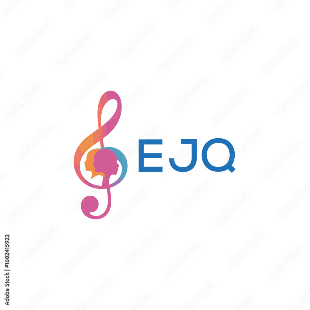 Fototapeta premium EJQ “Creative music logo with human silhouettes and treble clef in gradient colors, EJQ Later Logo, modern artistic design isolated on white background” 