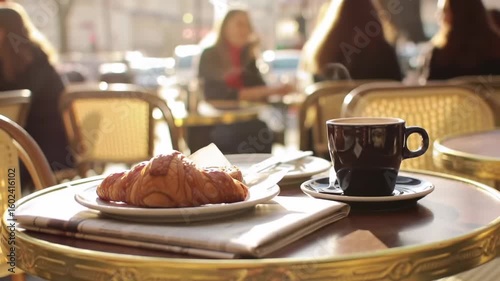 Outdoor cafe table with croissant and coffee