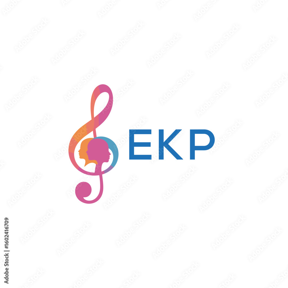 Fototapeta premium EKP “Creative music logo with human silhouettes and treble clef in gradient colors, EKP Later Logo, modern artistic design isolated on white background” 