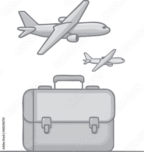 A suitcase is shown with three airplanes flying above it
