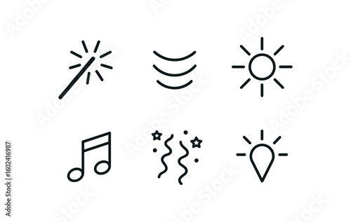 straight perfect stroke icon mono icons style isolated Joy sparkler wand Joy laughter Joy radiant aura Joy music notes Joy surprise streamers Joy thrill marker
