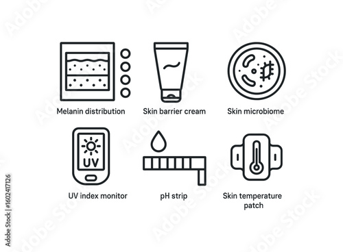 straight perfect stroke icon mono icons style isolated skin melanin distribution chart skin barrier cream tube skin microbiome sample skin UV inde monitor skin pH strip skin temperature