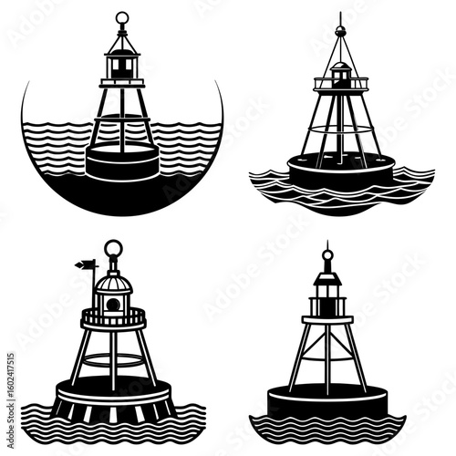 Various black and white illustrations of buoys floating on water with different designs and structures