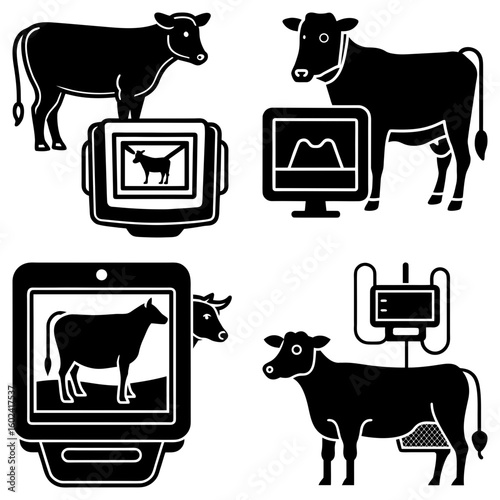 Depiction of bovine animals undergoing ultrasound scans with various monitoring equipment displayed clearly