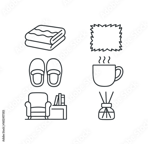 straight perfect stroke icon mono icons style isolated coziness drapery coziness fur throw coziness slippers coziness hot cocoa mug coziness reading nook coziness scented diffuser