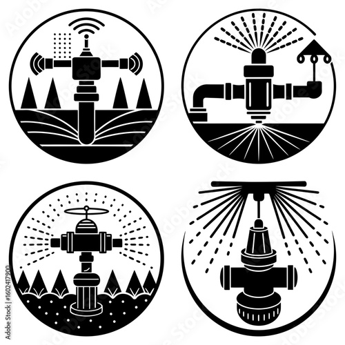 Illustration showcasing four distinct irrigation systems within circular frames in a black and white style