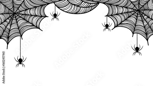 Black spiderwebs with hanging spiders forming a decorative border on a white background. Perfect for Halloween themes.