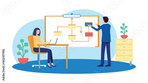 Illustration of a woman working at a desk with a man presenting a flowchart on a whiteboard indoors