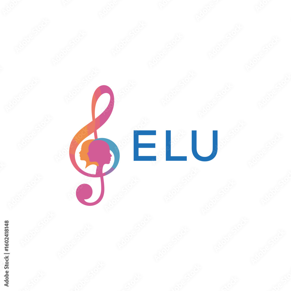 Naklejka premium ELU “Creative music logo with human silhouettes and treble clef in gradient colors, ELU Later Logo, modern artistic design isolated on white background” 