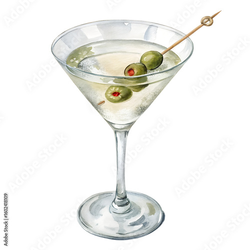 Watercolor Martini Cocktail with Olives on a Skewer on transparent background