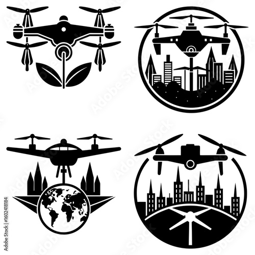 Four drone icons with different backgrounds including plants, cityscapes, earth and wind turbine views