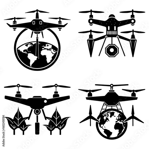 Four drone illustrations showing various designs and applications in agriculture and technology use