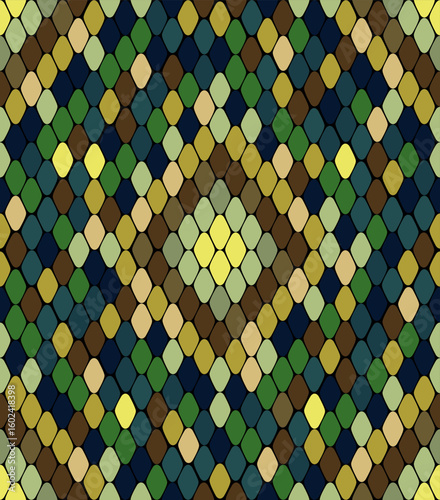 Seamless abstract pattern resembling snake scales, with vibrant green, blue, brown, and yellow square shapes.