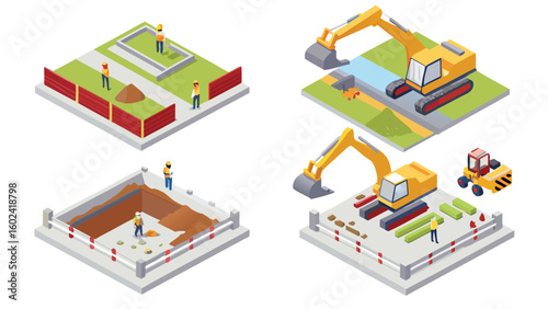 Isometric construction site showing excavation and building foundation with heavy machinery and workers