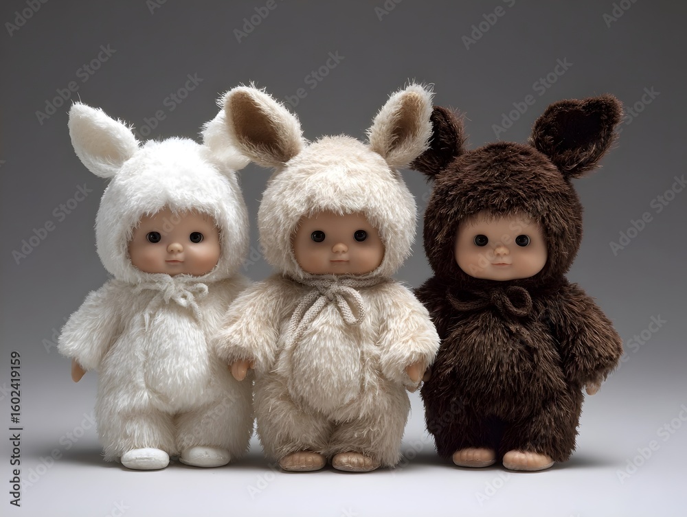 Fototapeta premium Three plush bunny dolls in white, beige, and brown.