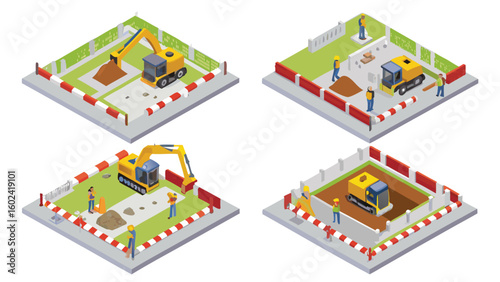 Isometric construction site showing excavators and workers in different stages of building project work area