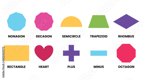 Basic and Unique Shapes Rectangle, Heart, Plus, Minus, Semi-Circle, Cylinder, Octagon, Rhombus Vector for Education & Design
