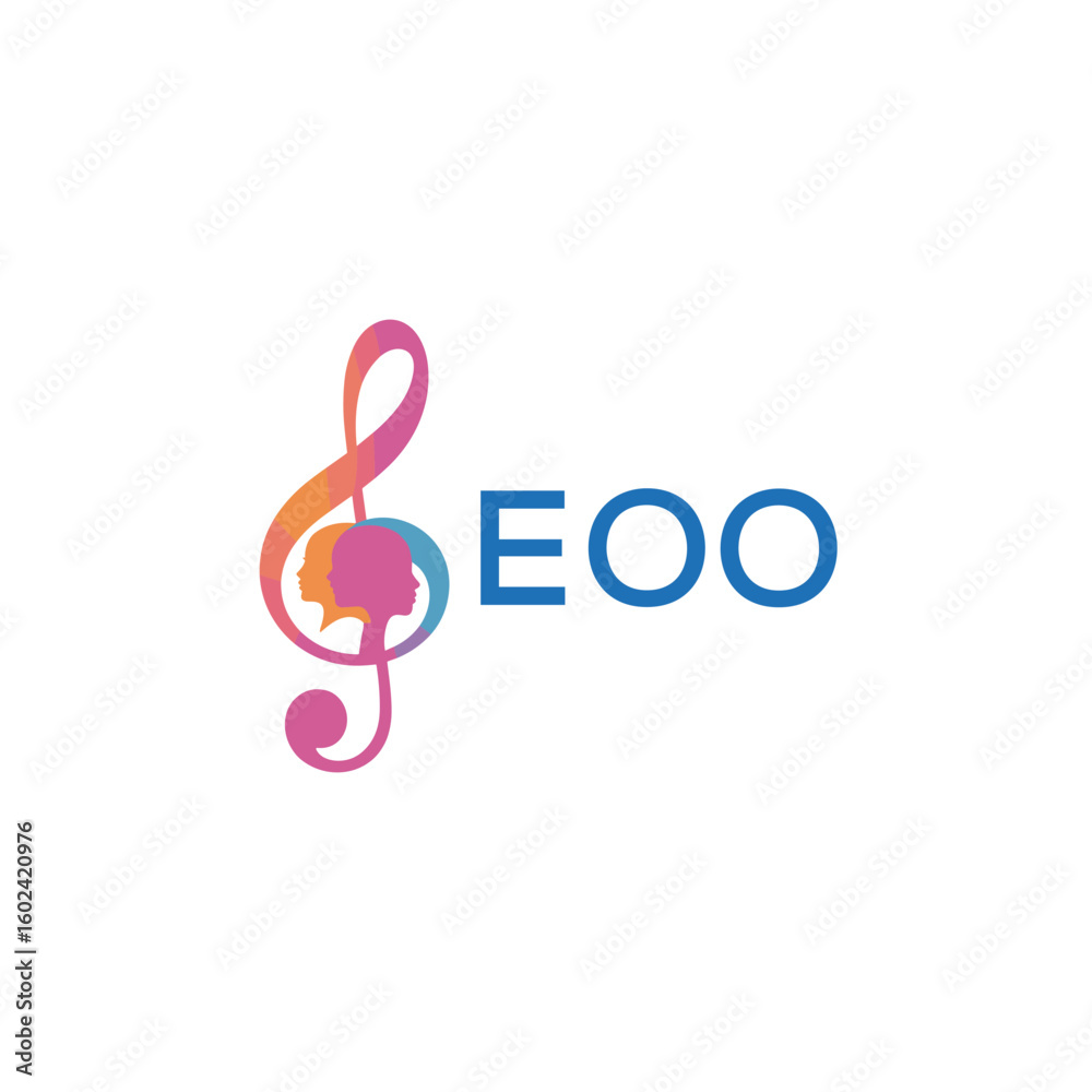 Fototapeta premium EOO “Creative music logo with human silhouettes and treble clef in gradient colors, EOO Later Logo, modern artistic design isolated on white background” 