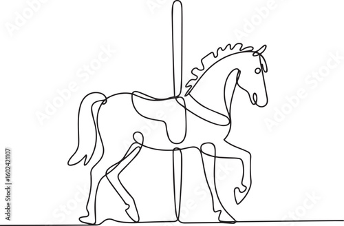 Continuous one line drawing of carousel horse in minimalist vector style, simple line art illustration of toy with editable stroke

