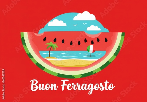 Wallpaper Mural Watermelon slice beach scene buon ferragosto greeting Torontodigital.ca