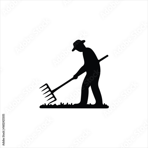 Silhouette of a farmer wearing a hat raking grass with a pitchfork vector