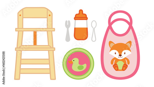 Baby feeding items high chair bottle bib plate and cutlery