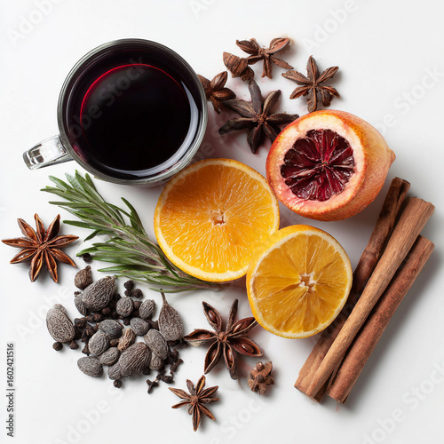 Mulled wine ingredients spread on white background, minimalism