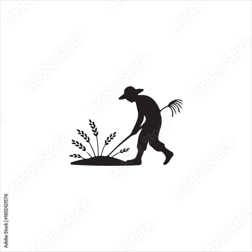 Silhouette of a farmer with a rake tending to wheat stalks in a field vector
